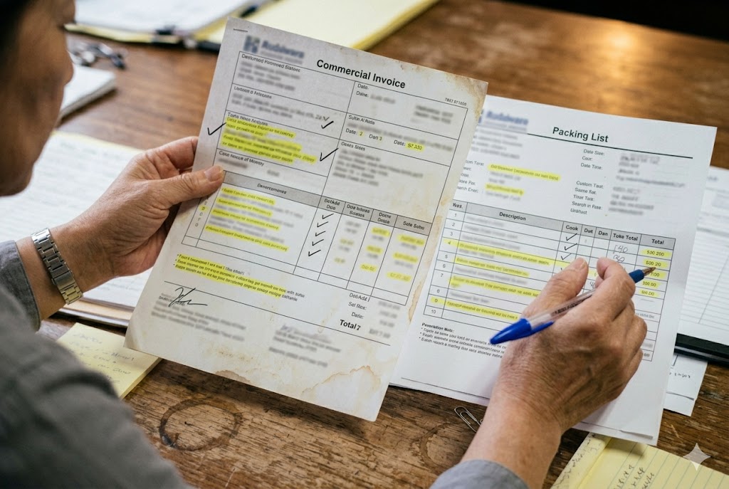 Import Order Review Purchasing manager reviewing commercial invoice and packing list for import order (ID#2)
