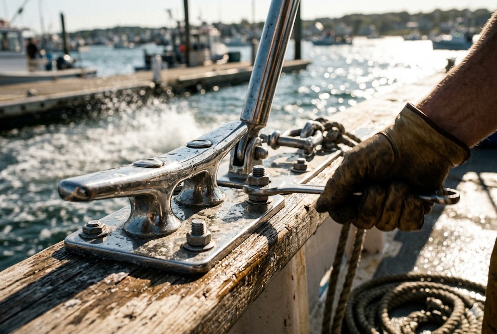 Marine Hardware Fastening Worker securing boat mooring cleat hardware with wrench at dockside (ID#2)