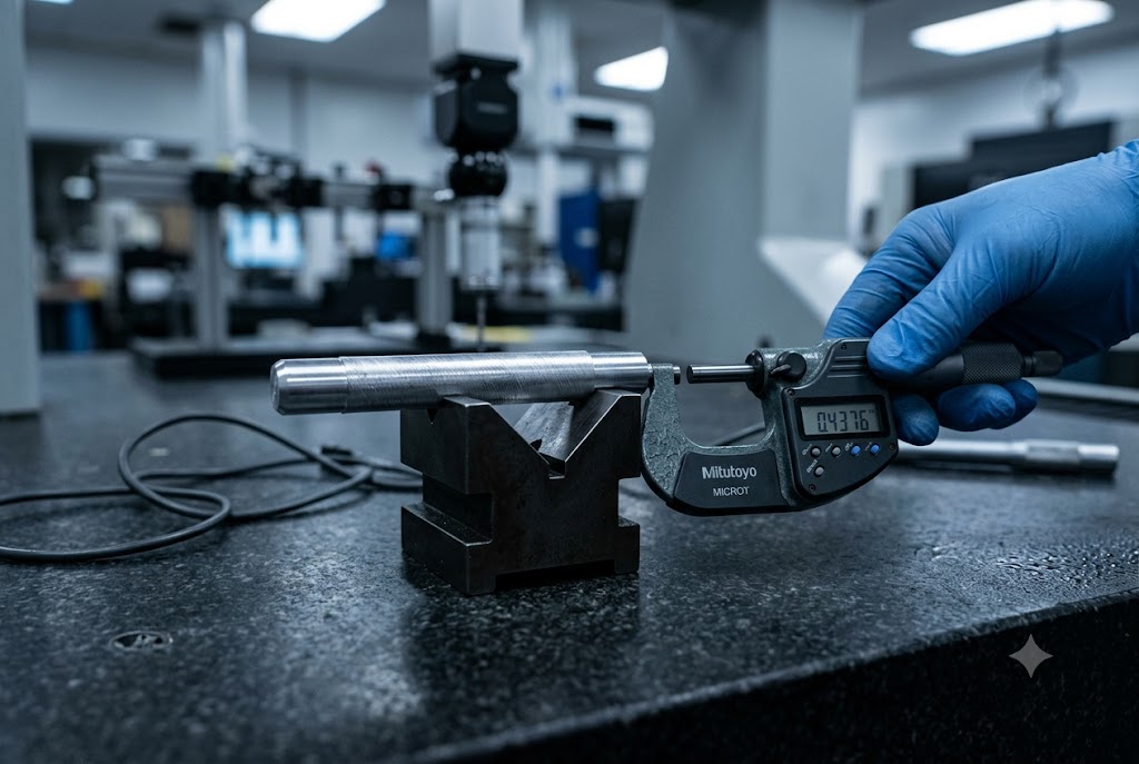 Precision Parts Inspection Technician measuring custom shaft with Mitutoyo digital micrometer for quality control (ID#2)