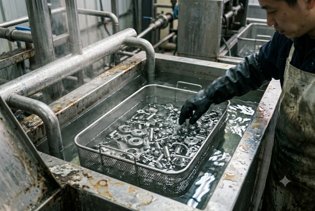 Parts Cleaning Quality Process Worker cleaning machined metal components in ultrasonic parts washer (ID#2)