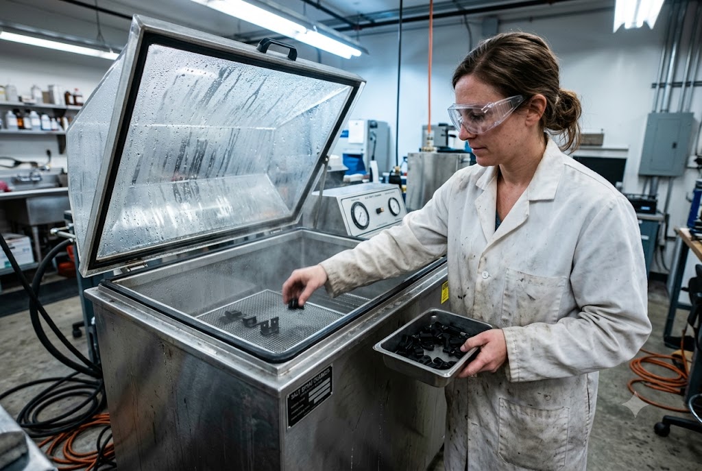 Pre-Shipment Quality Control Quality inspector cleaning custom machined parts before shipment inspection (ID#2)