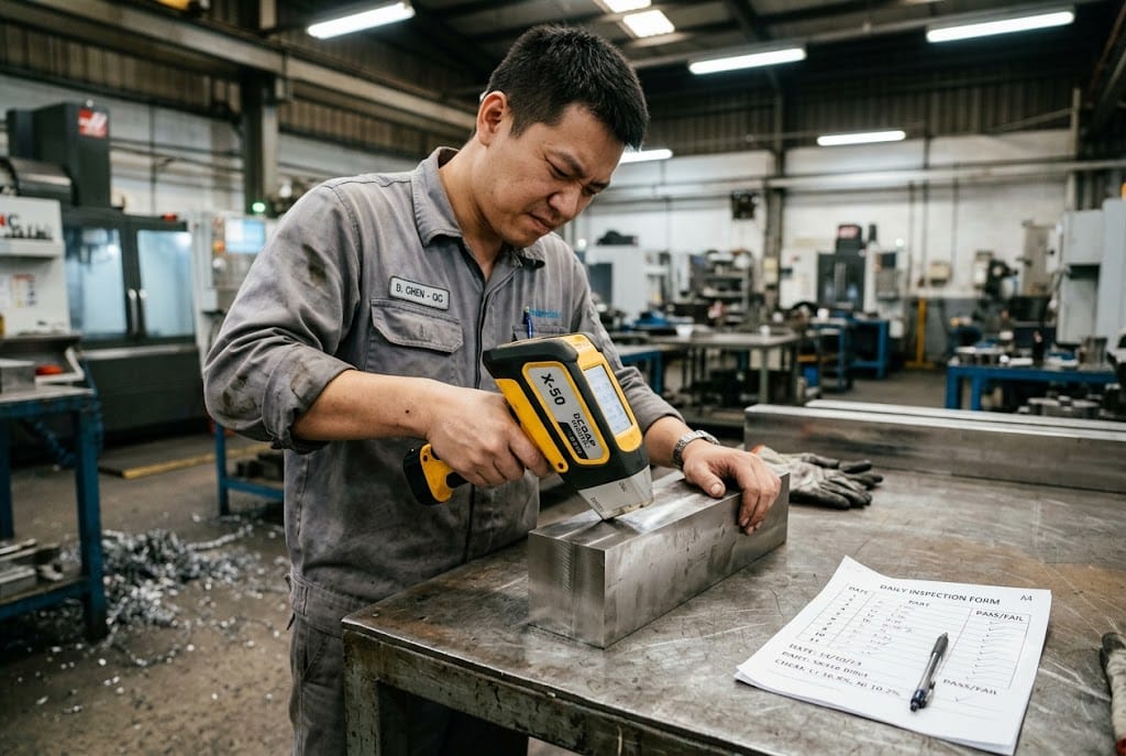 Material Verification Quality Control QC technician using XRF analyzer to verify custom metal parts material (ID#2)