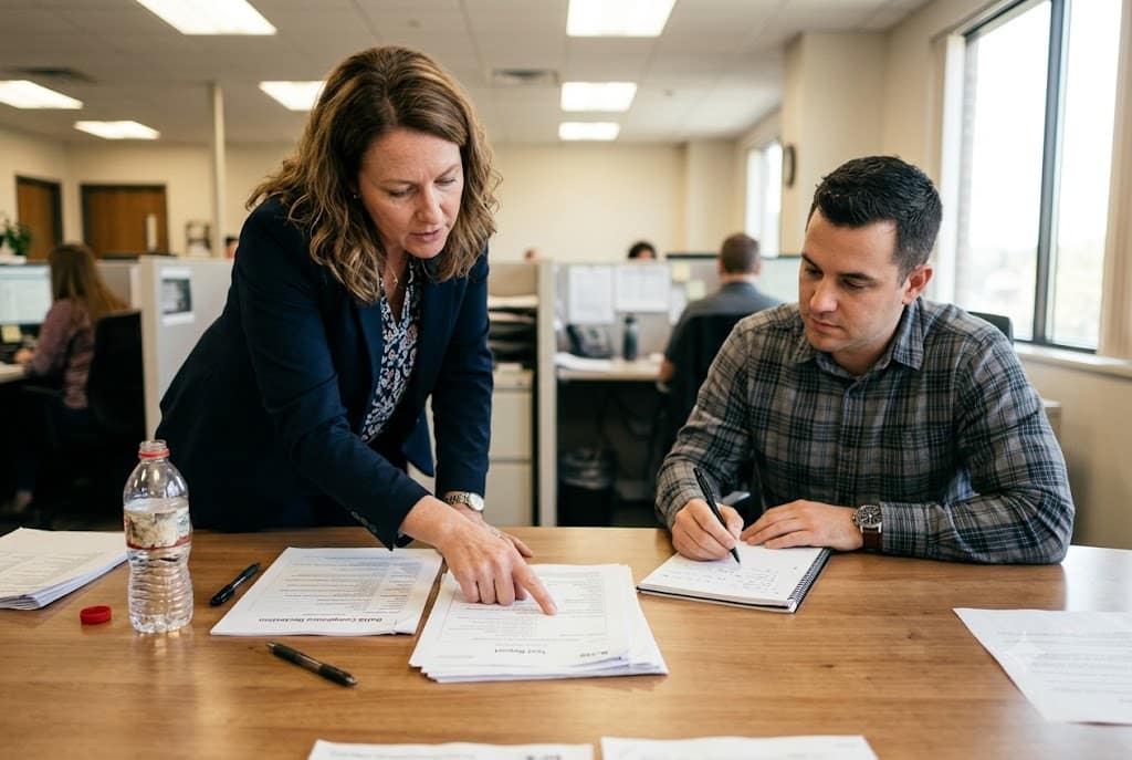 Supplier Compliance Document Review B2B purchasing manager and engineer reviewing compliance test reports in office (ID#2)
