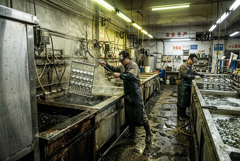 Metal Parts Surface Finishing China factory workers electroplating custom mechanical parts in industrial workshop (ID#2)