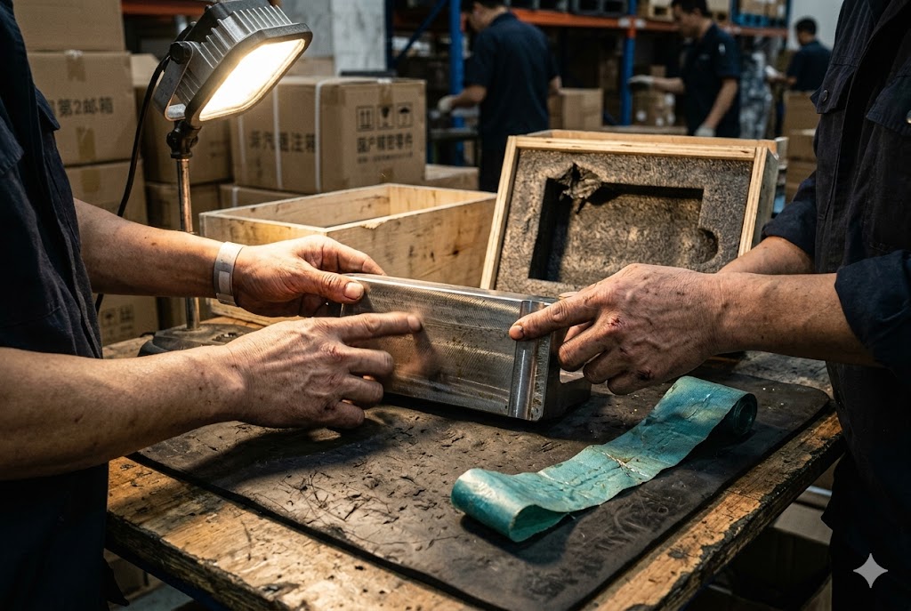 Custom Parts Quality Check Technicians inspecting precision custom machined metal part in warehouse (ID#2)