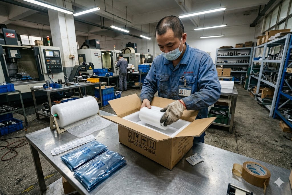 CNC Parts Export Packaging China factory worker carefully packaging custom CNC mechanical parts for export (ID#2)