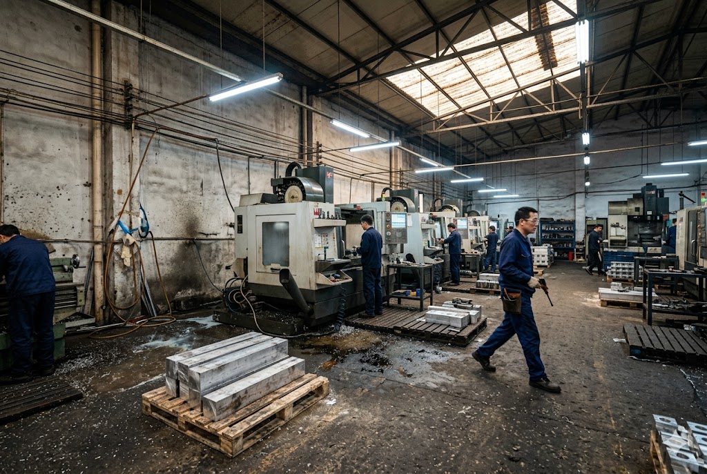 CNC Parts Factory China CNC machining factory floor workers operating precision manufacturing equipment China (ID#2)