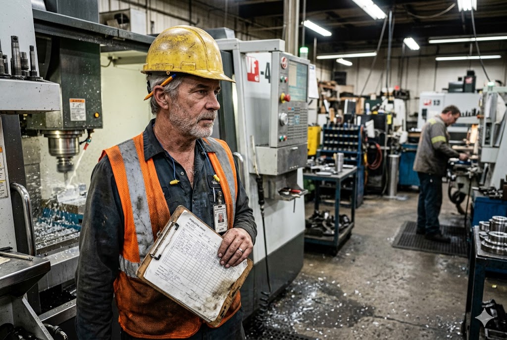 CNC Factory Quality Control Quality control engineer with clipboard overseeing CNC machining production floor (ID#2)