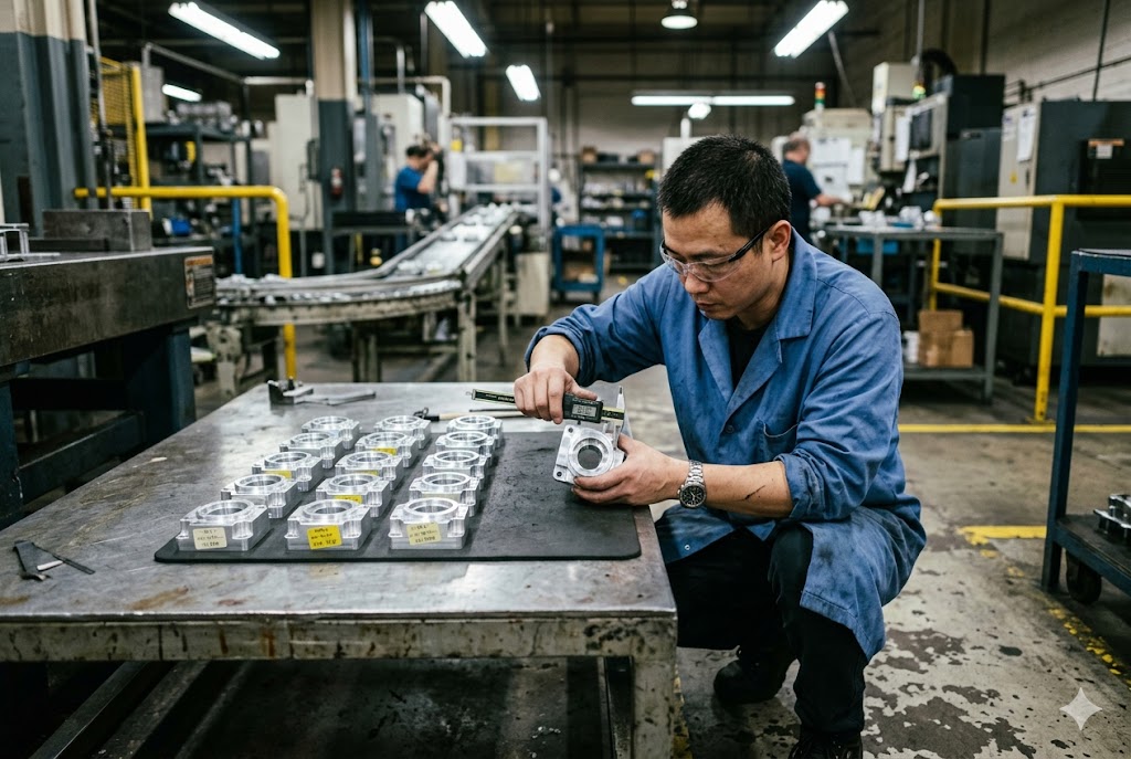 Precision Parts Quality Check QC technician measuring custom CNC machined aluminum parts with digital calipers (ID#2)