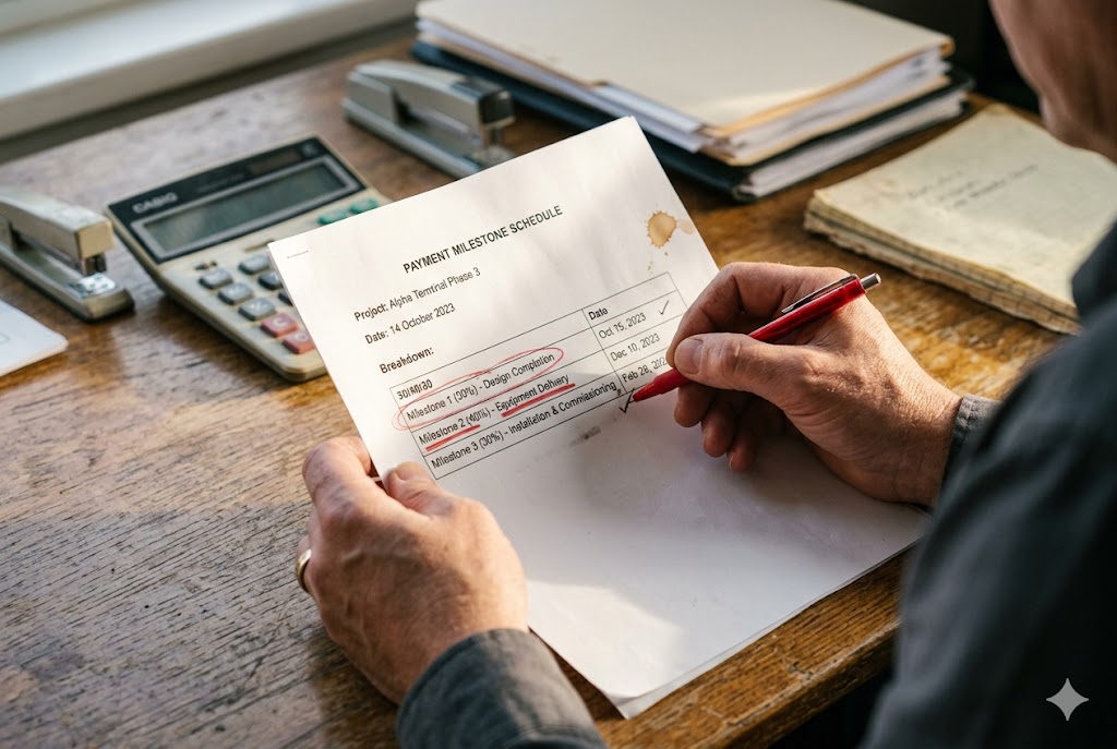 Project Milestone Payment Review Buyer reviewing payment milestone schedule for custom mechanical parts order (ID#2)