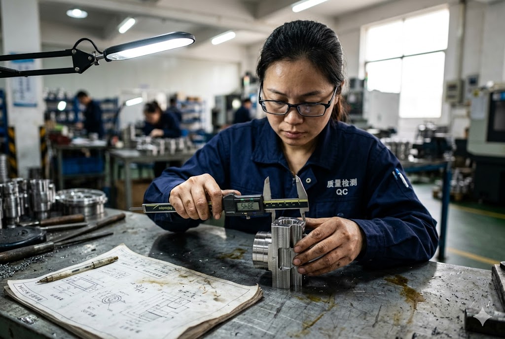 China QC Parts Inspection QC inspector measuring custom machined parts with digital calipers in factory (ID#2)