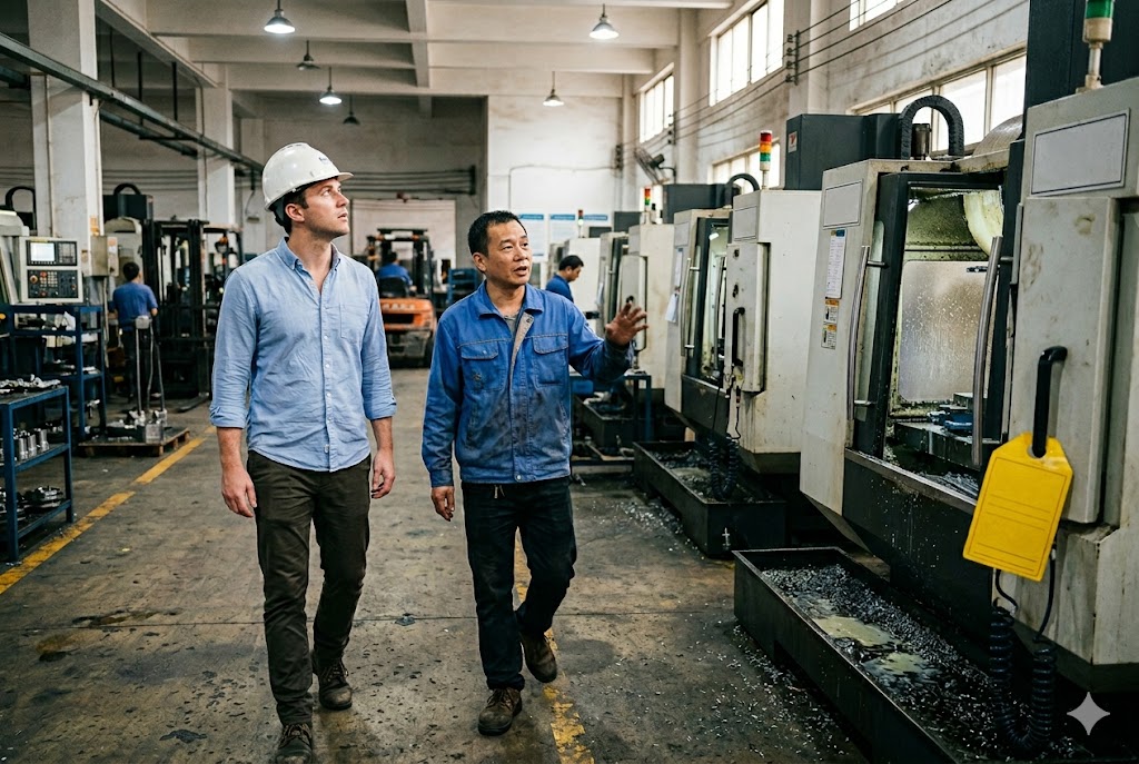 China Factory Audit Luckym supplier audit: engineer and factory manager inspecting CNC machines in China (ID#2)
