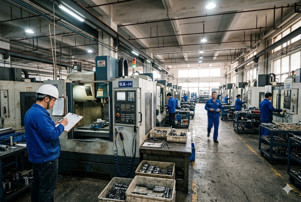 China CNC Parts Factory Chinese CNC machining workshop with workers operating precision equipment (ID#2)