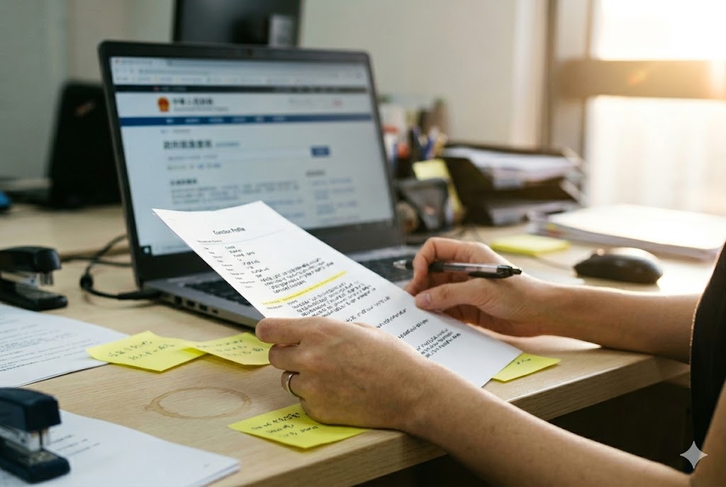 Supplier Sourcing Review Procurement specialist reviewing vendor profile with sticky notes for custom parts sourcing (ID#2)