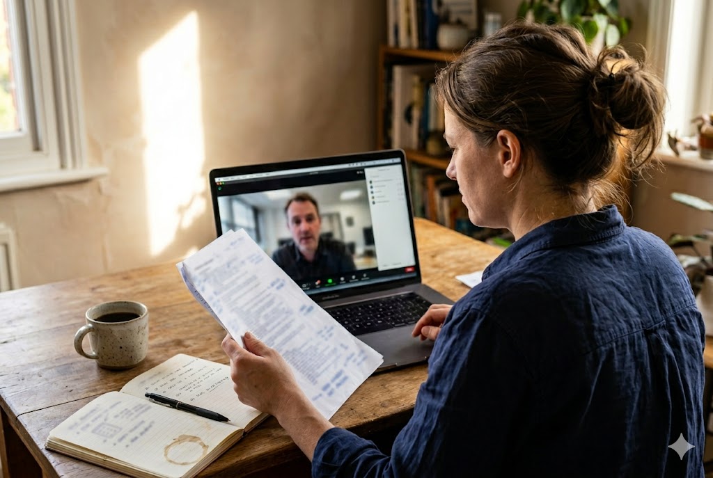 B2B Supplier Video Call Woman on video call with supplier reviewing custom mechanical parts order documents (ID#2)