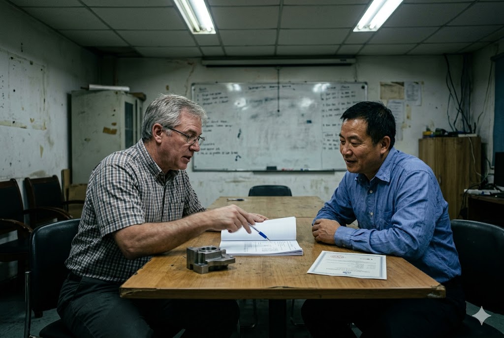 Supplier Audit Meeting B2B supplier audit meeting reviewing custom mechanical parts contract (ID#2)