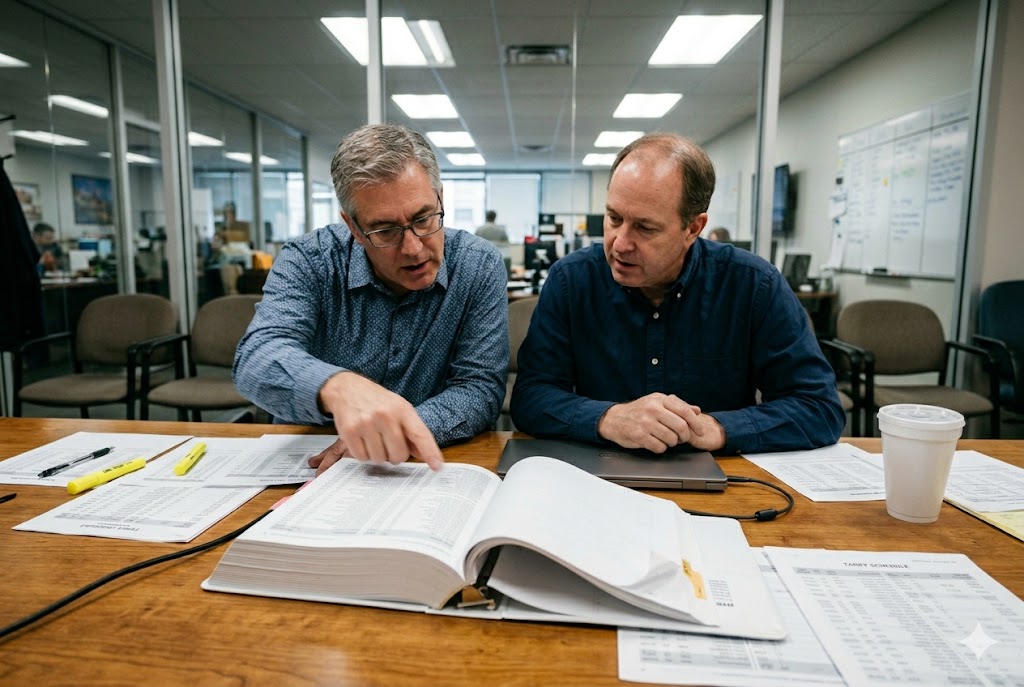 Custom Parts Sourcing Review Two procurement managers reviewing tariff schedule and sourcing documents in office (ID#2)