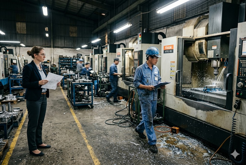 CNC Factory Audit Visit Quality inspector and engineer conducting supplier factory audit at CNC machining facility (ID#2)