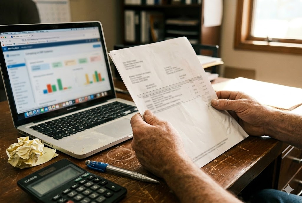 Supplier Quotation Review Purchasing manager reviewing supplier quotations with ERP dashboard and calculator (ID#2)