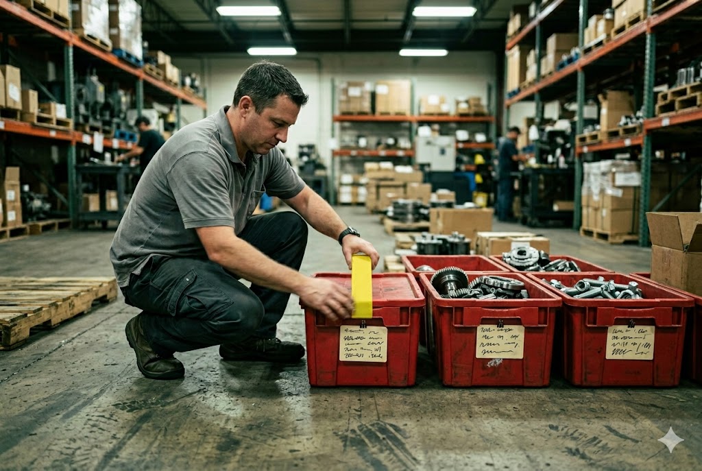 Custom Parts Sorting Warehouse worker labeling sorted custom mechanical parts in red bins (ID#2)