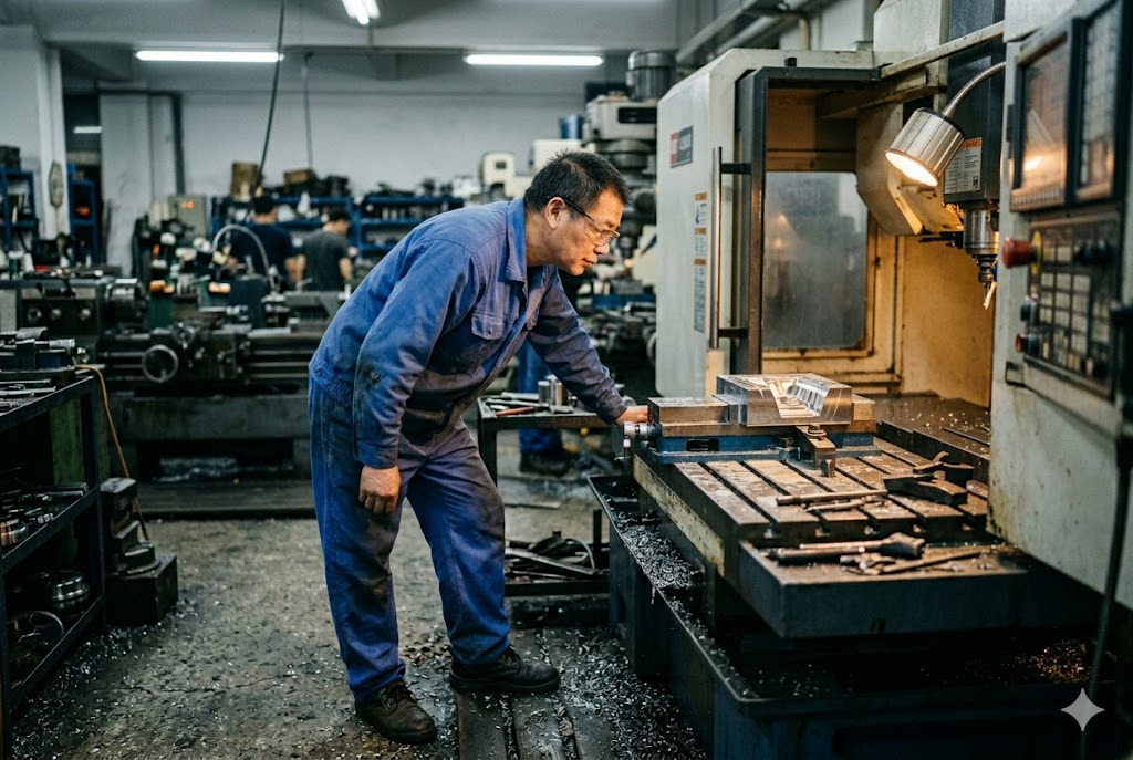 China CNC Machining Expert CNC machinist in blue uniform operating precision milling machine in China factory (ID#2)