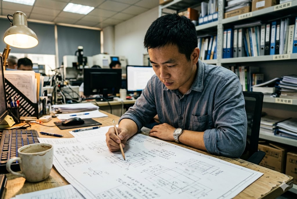 Mechanical Engineering Design Chinese engineer reviewing mechanical assembly drawings at office desk (ID#2)