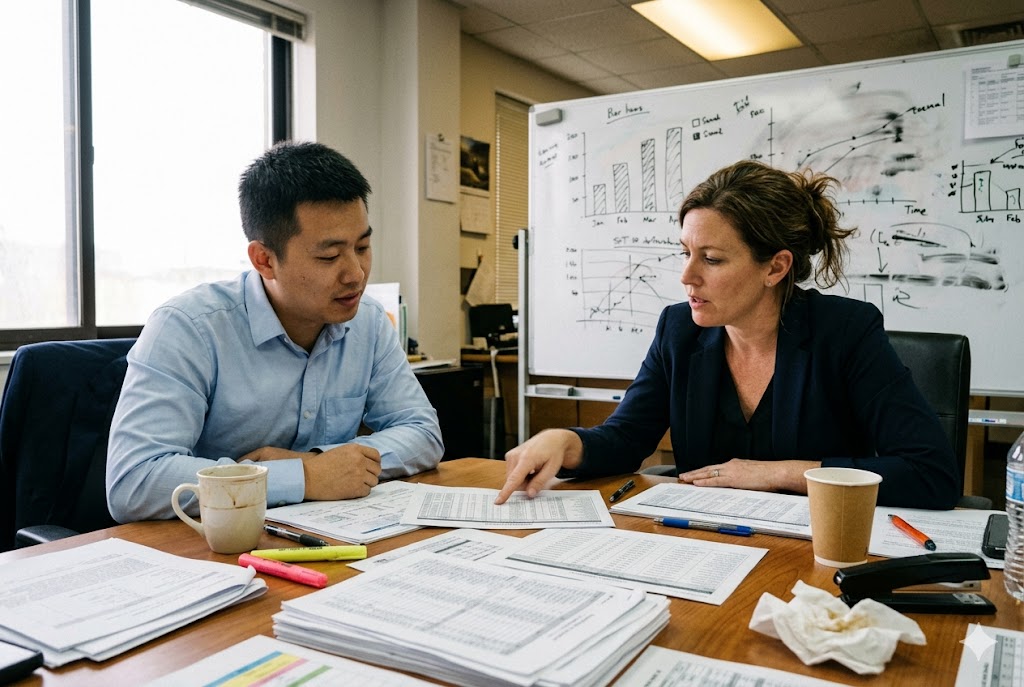 B2B Parts Sourcing Meeting China supplier and US purchasing manager reviewing custom mechanical parts quotation documents (ID#2)