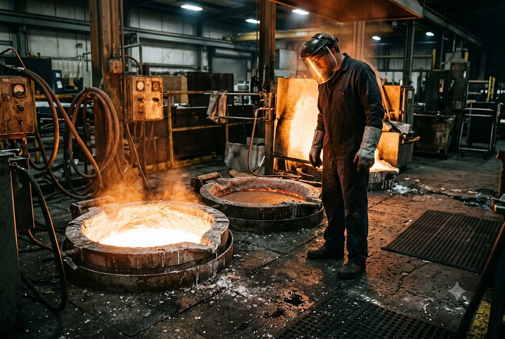 Metal Casting Foundry China Protected worker monitoring molten metal pour at custom parts foundry China (ID#2)