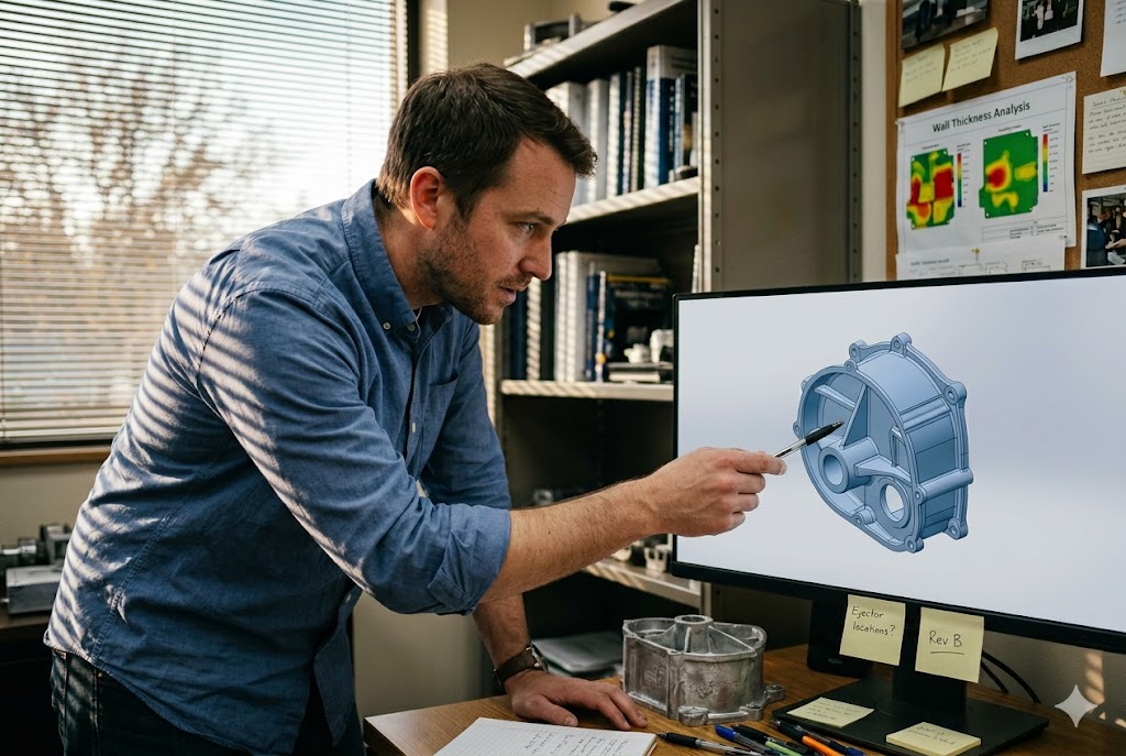 Custom Part CAD Review Engineer reviewing 3D CAD model of custom mechanical part on monitor (ID#2)