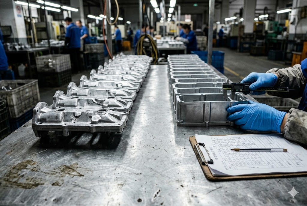 Custom Parts Quality Control Quality inspector measuring custom aluminum die-cast parts with calipers in factory (ID#2)