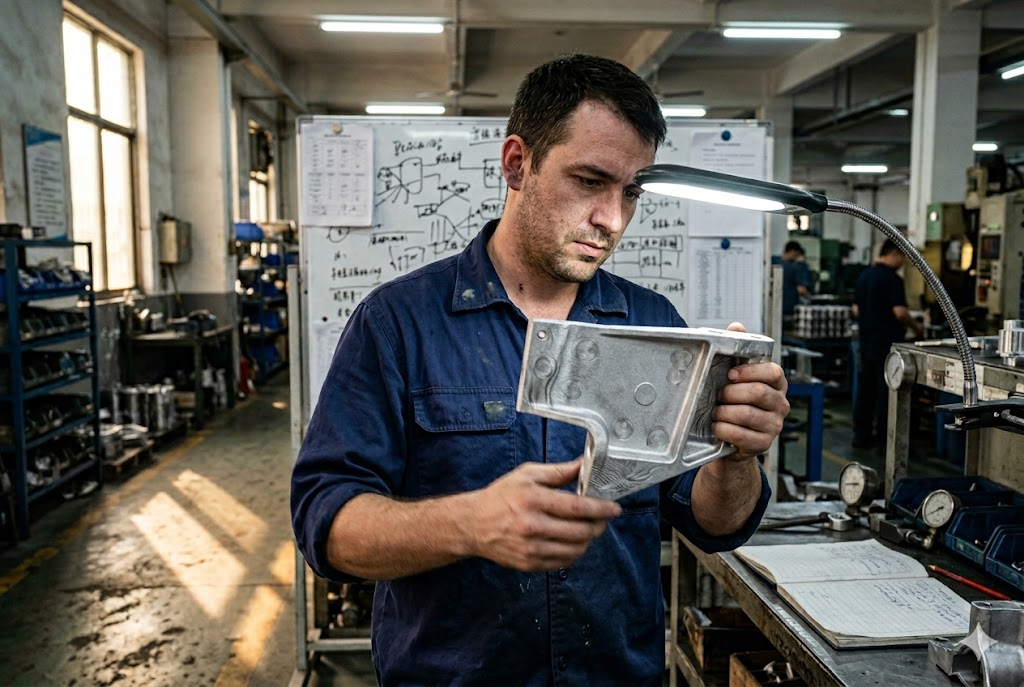 Custom Parts Quality Check Quality inspector examining custom aluminum die-cast part in Chinese factory (ID#2)