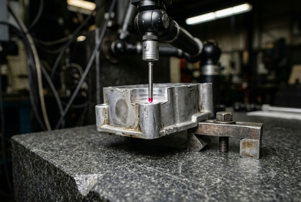 CMM Precision Quality Inspection CMM probe measuring precision tolerance of custom aluminum mechanical part (ID#2)