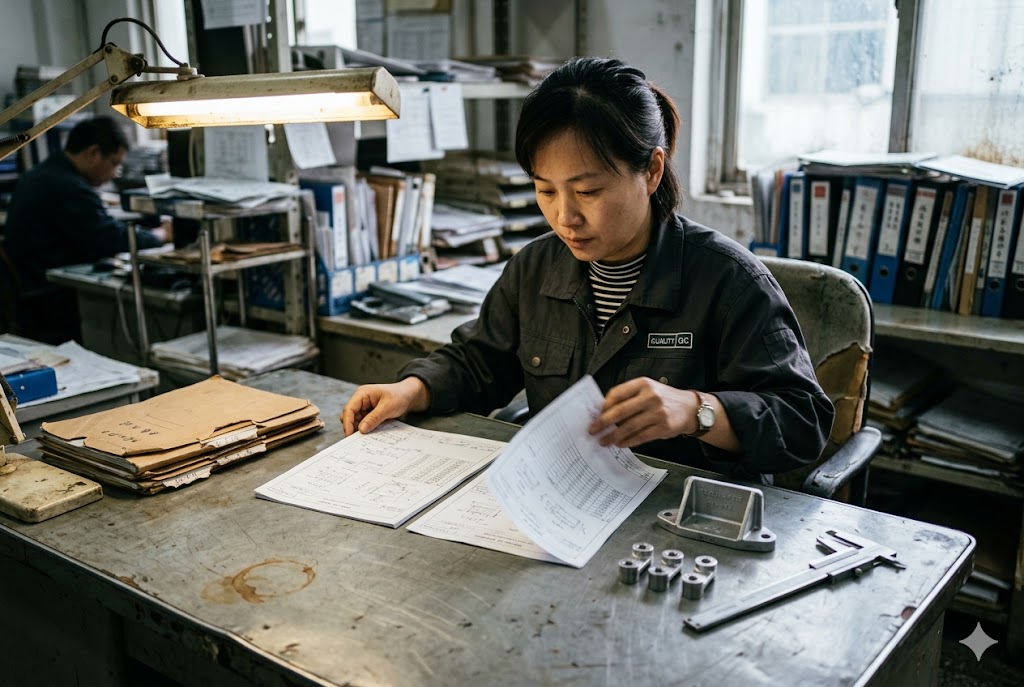Quality Control Review QC specialist reviewing technical drawings with custom mechanical parts on desk (ID#2)