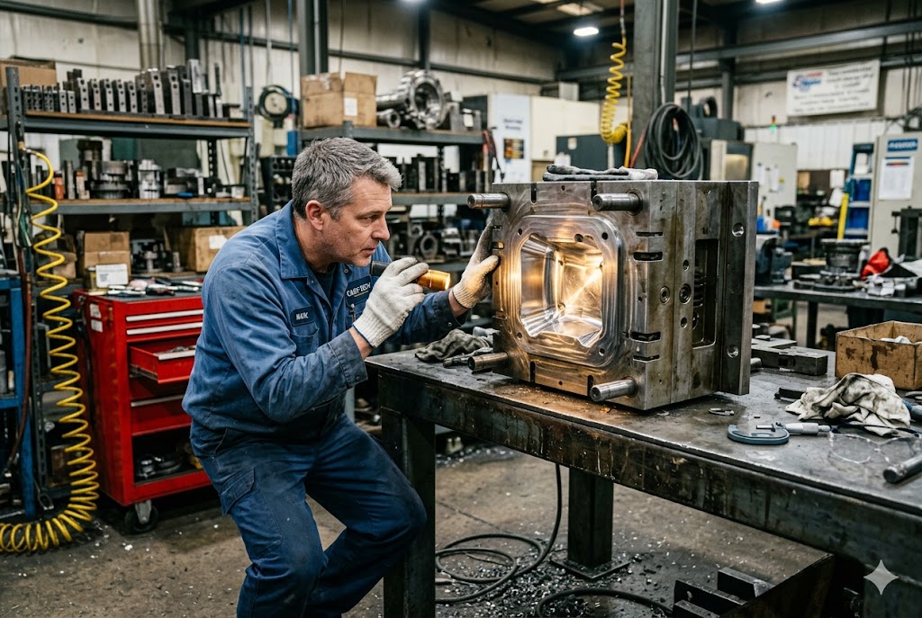 Precision Mold Quality Inspection Technician inspecting custom injection mold cavity in machine workshop (ID#2)