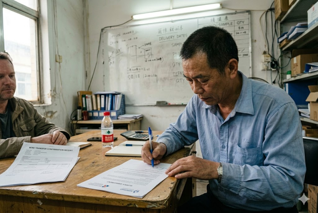 China Supplier Contract Signing Chinese factory manager signing supply contract with international buyer present (ID#2)
