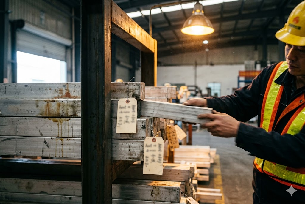 Metal Parts Warehouse Inspection Factory worker inspecting labeled custom metal parts on warehouse rack (ID#2)
