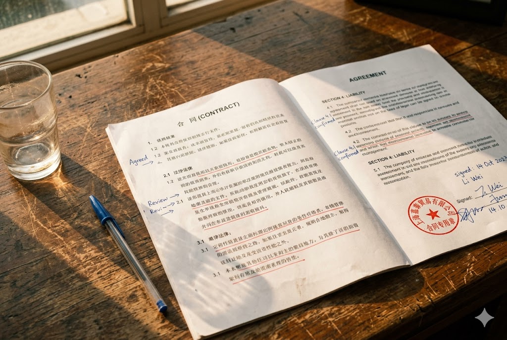 Signed Supply Contract Bilingual manufacturing contract signed and stamped for B2B custom parts order (ID#2)
