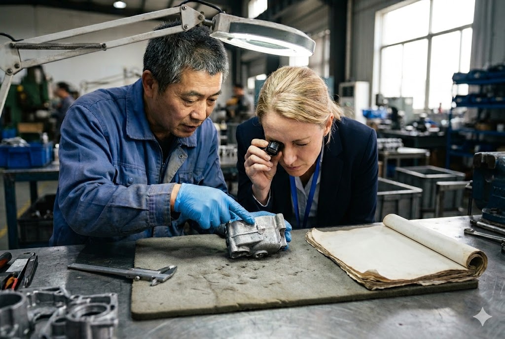 Custom Parts Audit Western buyer and Chinese technician inspecting custom mechanical part under magnifier (ID#2)