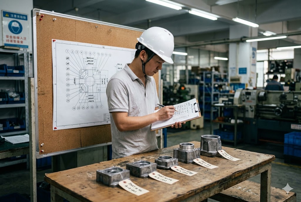 China Factory Quality Audit Quality inspector in hardhat checking custom mechanical parts against engineering drawing in China factory (ID#2)