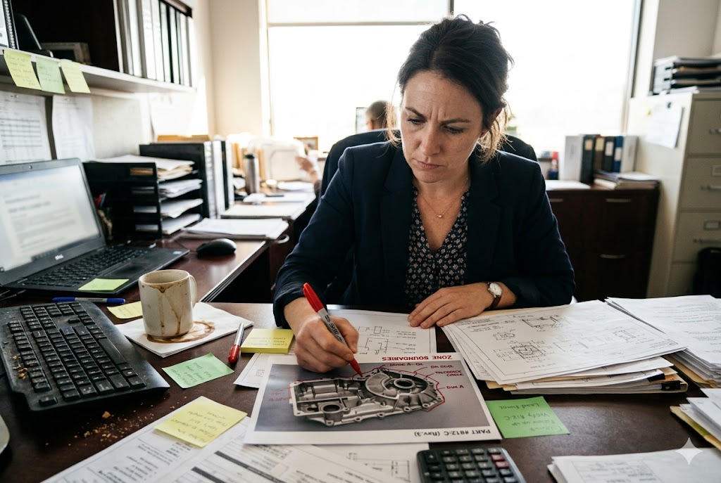 Mechanical Parts Sourcing Review Purchasing manager reviewing mechanical part drawings and specifications at office desk (ID#2)