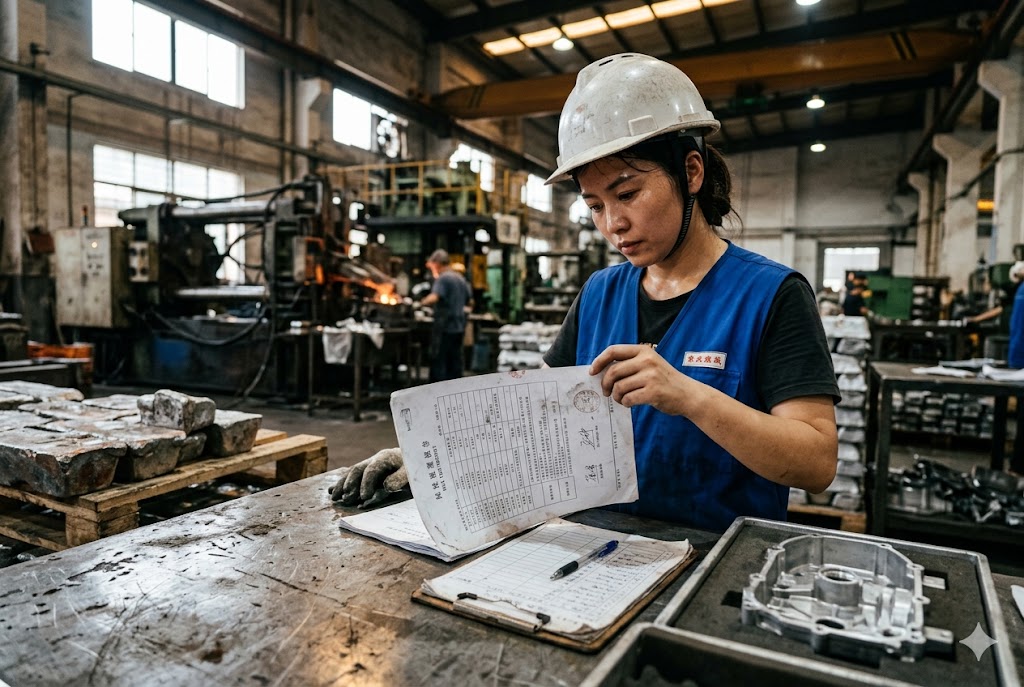 Factory Quality Control Luckym QC inspector reviewing quality documents at China factory floor (ID#2)