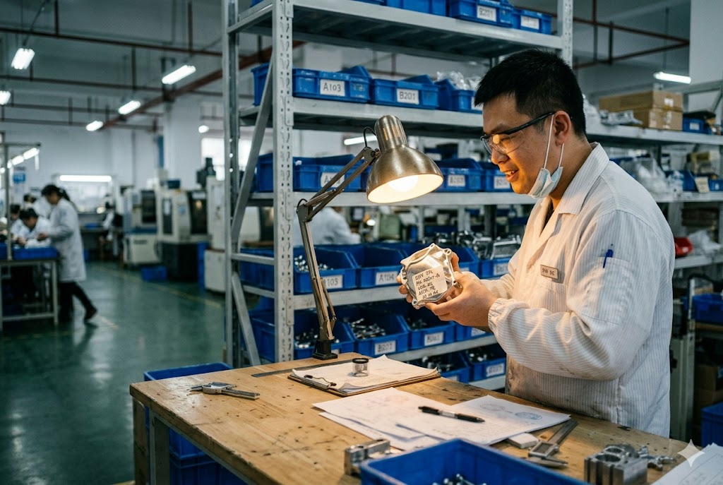 China Parts QC Inspection China factory quality inspector examining custom mechanical part with calipers (ID#2)