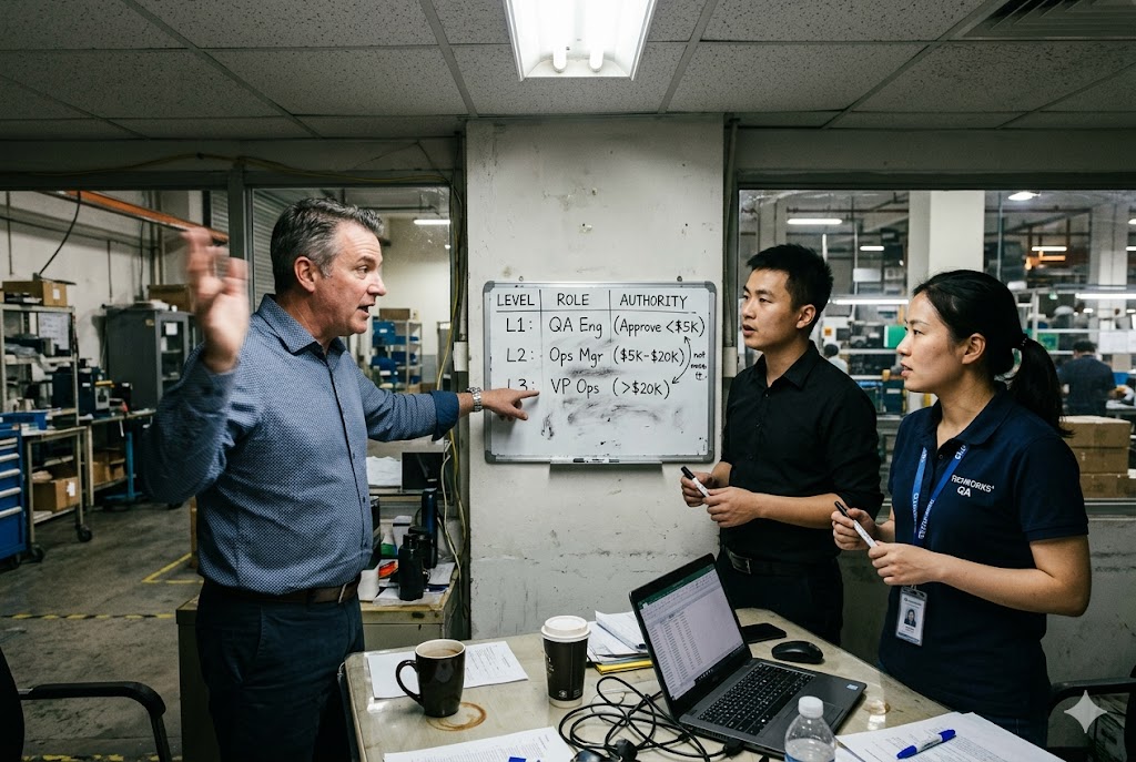 Factory QA Team Review Client and QA team reviewing quality authority levels at China factory (ID#2)
