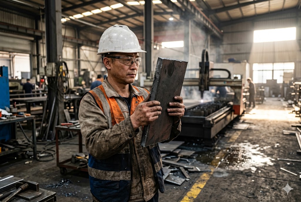 China Factory Quality Inspection China factory quality inspector examining custom metal part in manufacturing workshop (ID#2)