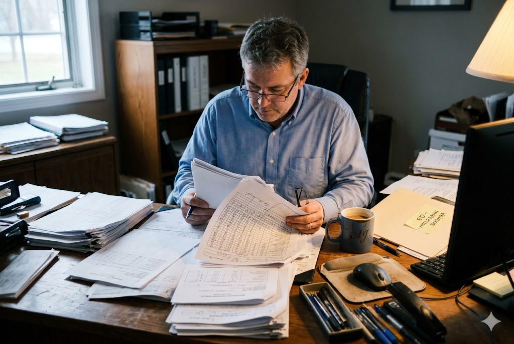 Sourcing Custom Parts CEO reviewing technical drawings and supplier quotations at office desk (ID#2)