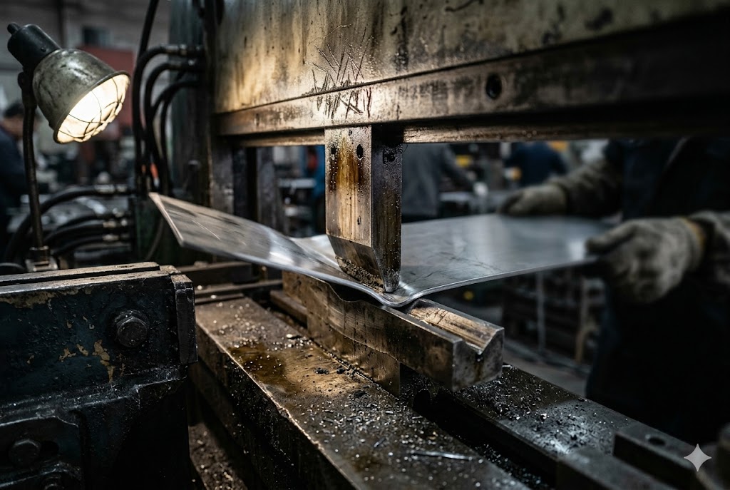 Sheet Metal Bending Worker operating industrial press brake to bend custom sheet metal parts in China factory (ID#2)