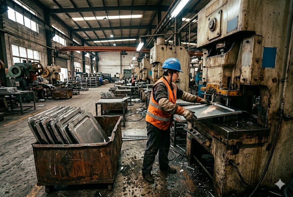 China Metal Parts Factory Factory worker operating industrial stamping press for custom metal parts (ID#2)