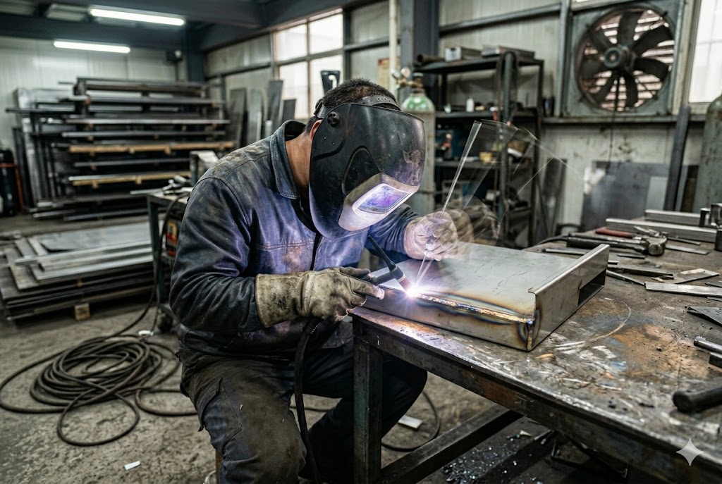 China Contract Welding Skilled welder fabricating custom metal parts in China manufacturing facility (ID#2)