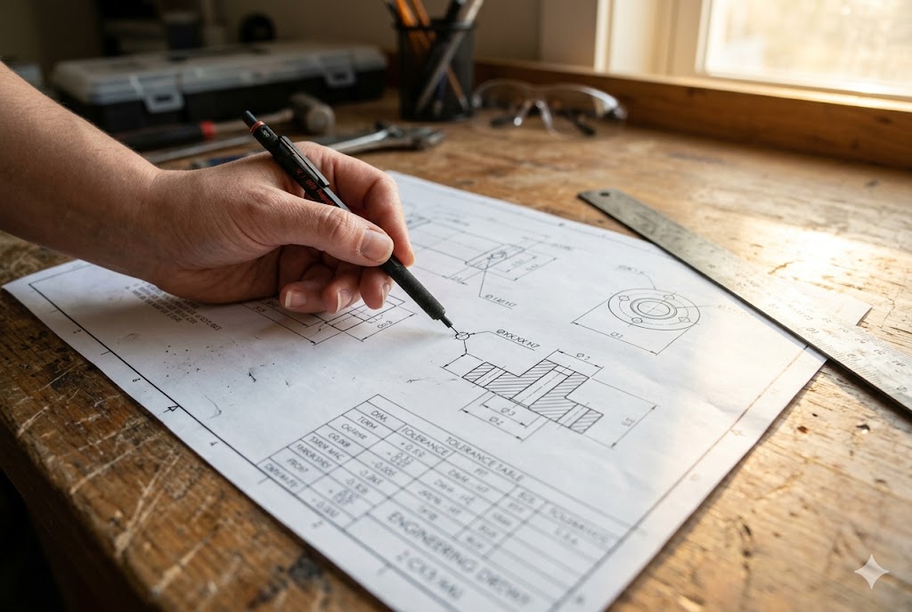 Custom Parts Drawing Review Engineer annotating mechanical part technical drawing with tolerance table (ID#2)