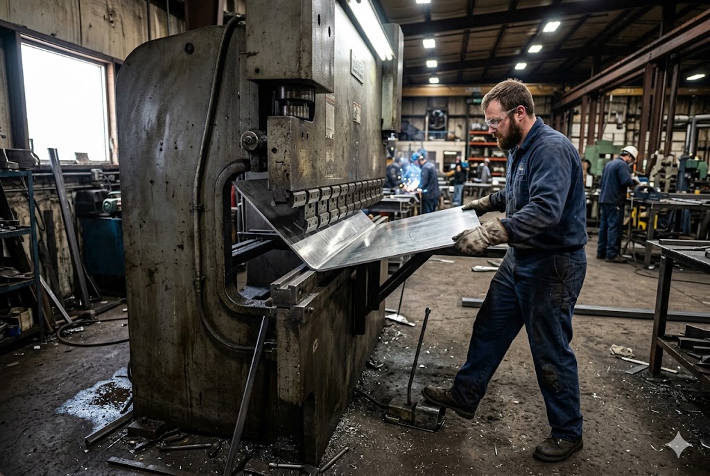 Custom Metal Fabrication Factory worker operating press brake machine for custom sheet metal parts (ID#2)